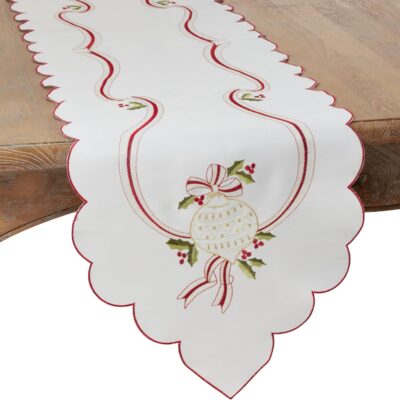 SARO LIFESTYLE 8532.I1590X Holiday Ornamental Collection Embroidered Christmas Table Runner, 15" x 90", Ivory