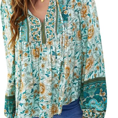 YUZIBAO Blouses for Women V Neck Long Sleeve Boho Tops Babydoll Shirts Floral Print Blouse