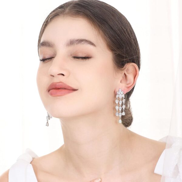 Wedding Earrings for Brides, Silver Earrings for Women, 18K White Gold Plated Sterling Silver Post Cubic Zirconia Dangle Earrings, Clear Crystal Hypoallergenic Chandelier/Tassel Earrings - Image 4