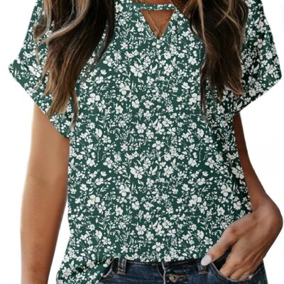 Dokotoo Women's Casual Crewneck Boho Short Sleeve Shirts 2024 Summer Floral Print Chiffon Blouses Bohemian Top Shirts