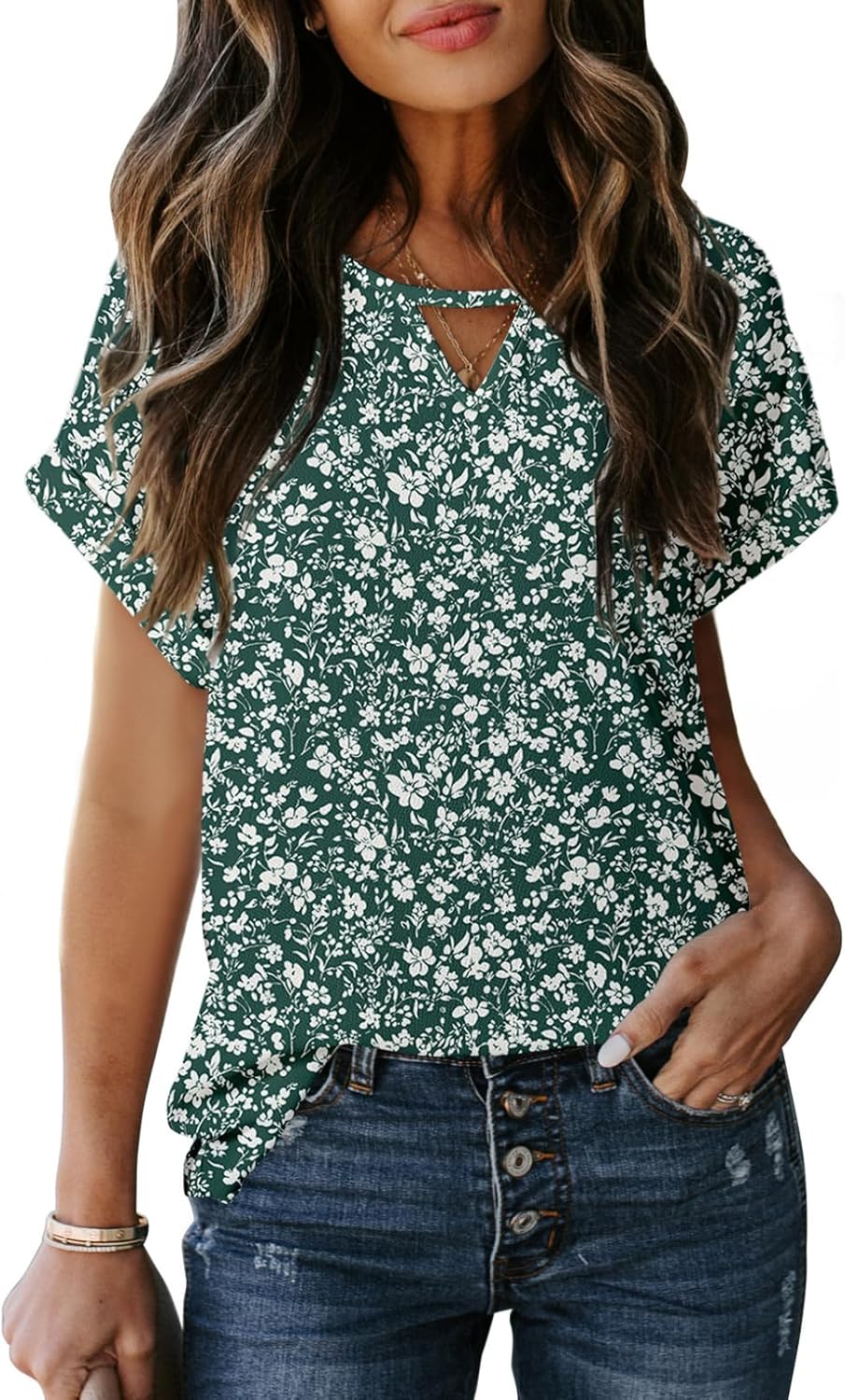 Dokotoo Women's Casual Crewneck Boho Short Sleeve Shirts 2024 Summer Floral Print Chiffon Blouses Bohemian Top Shirts