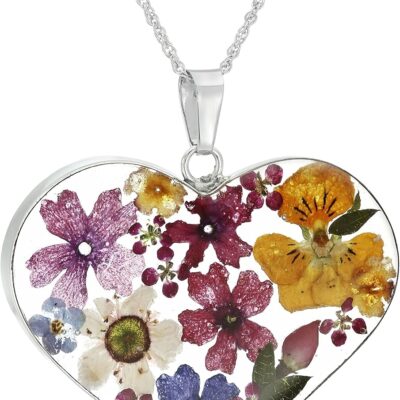 Amazon Essentials Sterling Silver Pressed Flower Heart Pendant Necklace (previously Amazon Collection)