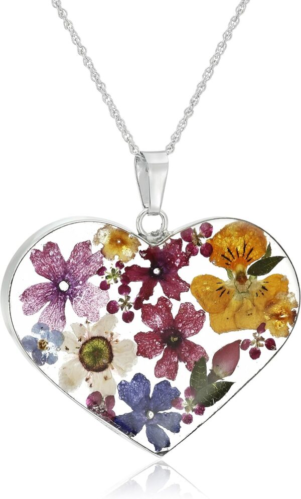 Amazon Essentials Sterling Silver Pressed Flower Heart Pendant Necklace (previously Amazon Collection)