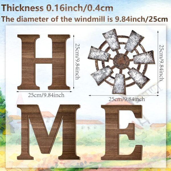 4 Pieces Rustic Home Decor Wooden Home Letters for Wall Windmill Wall Decor Farmhouse Wall Home Sign Brown Home Hanging Wood Sign Farmhouse Decor for Living Room Kitchen Bedroom Front Porch (Brown) - Image 2