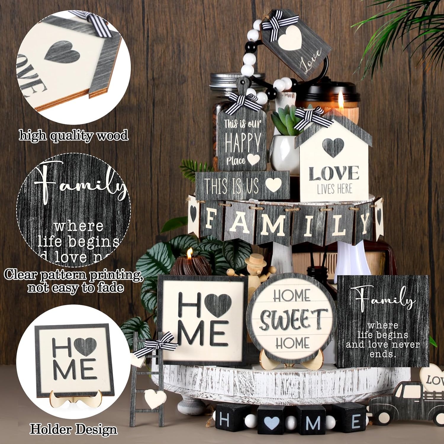 Mifoci 18 Pcs Farmhouse Tiered Tray Decor Home Wooden Signs Rustic Sweet Home Vintage Home Tabletop Spring Summer Table Centerpiece Black White Car Wood Block for Home Kitchen Table Bar Housewarming - Image 4