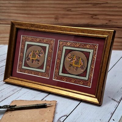 Purpledip Silk Cloth Painting Gorgeous Elephants (Set Of 2): Indian Rajasthani Intricate Artwork Framed For Table Top Or Wall Hanging; Collectible Miniature Art (12478)