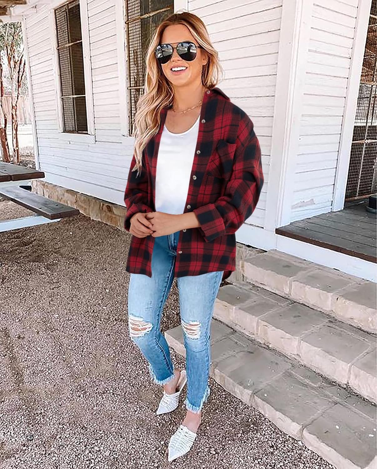 Wenrine Womens Long Sleeve Button Down Shirt Casual Plaid Flannel Shirt Collared Blouse Tops - Image 2