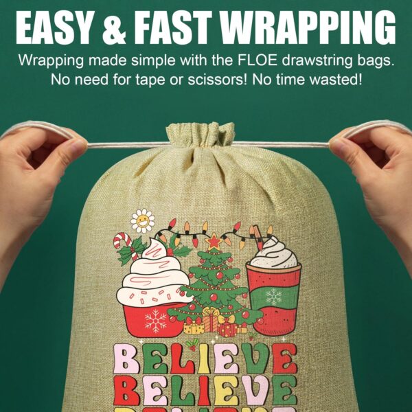 3PCS Large Burlap Christmas Drawstring Gift Bags with Tags, 18x24in Linen Christmas Gift Bags, Big Holiday Gift Bags Reusable Gift Wrapping Bags Jute Santa Sack for Xmas Present Party Favors - Image 3
