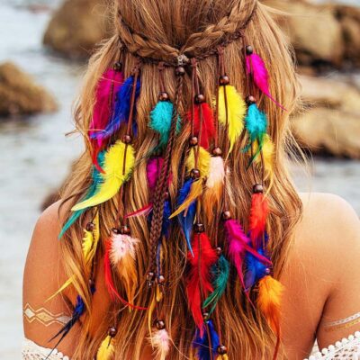 Boho Feather Headband Rainbow Indian Headbands Hippie Feather Headdress Adjustable Long Feather Hair Accessories for Women and Girls