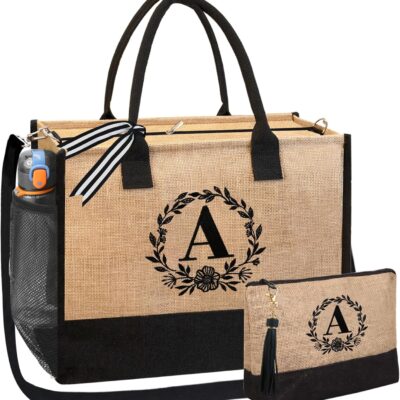BeeGreen Tote Bag For Women Gift Baskets Empty For Mom Sister Teacher Friend Birthday Friendship Gifts For Coworker Retirement Large Personalized Gifts For Wedding Inspirational Monogram Bag A