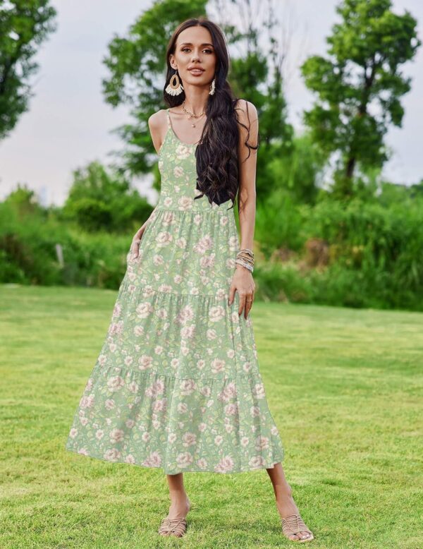 Zeagoo Womens Summer Long Dress Adjustable Spaghetti Strap Floral Casual Dress with Pockets Flowy Tiered Beach Sundress - Image 2