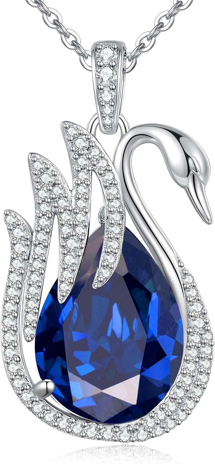LOUISA SECRET Swan Waterdrop Heart Birthstone Necklaces for Women, 925 Sterling Silver Fine Jewelry, Pendant Heart Necklaces Birthday Anniversary Christmas Gift for Women Wife Mom Girlfriend Lady