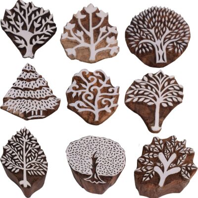 Tree Shape Wooden Stamp Block Printing on Saree Border, Textile, Clay, Pottery, Tattoo - Handcarved Indian Textile Printing Blocks for Crafting on Fabric Hashcart® (Set of 9)