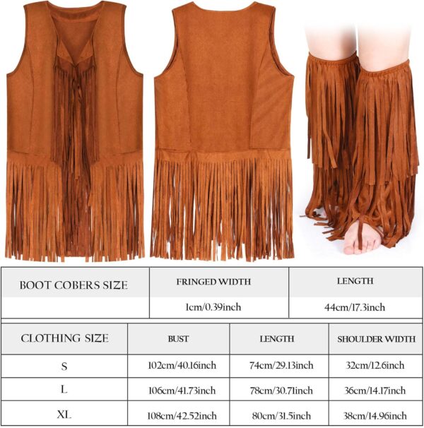 XunYee 9 Pc Women Fringe Vest 60s 70s Hippie Vest Costume Set Accessories Boot Covers Hairband Earrings Necklace Bracelet - Image 2