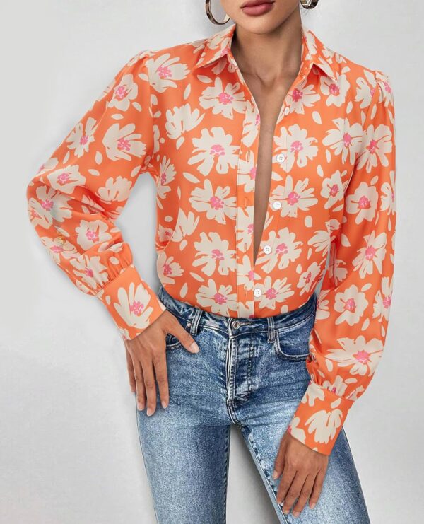 Womens Button Down Shirts Lantern Long Sleeve Dressy Casual Floral Printed Tops Chiffon Boho Trendy Blouses - Image 4