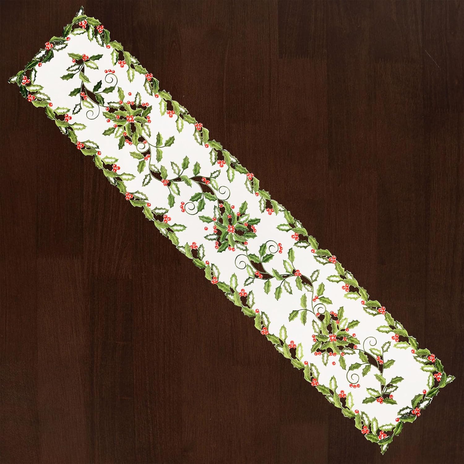 Grelucgo Embroidered Holly Leaves and Berries Table Runner for Christmas Holidays (14x70 Inches) - Image 3