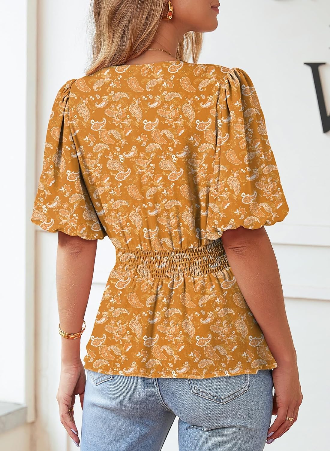 Dokotoo Womens Floral Print Ruffle Half Sleeve Blouses V Neck Decorative Buttons Elastic Waist Casual Summer Tops - Image 5