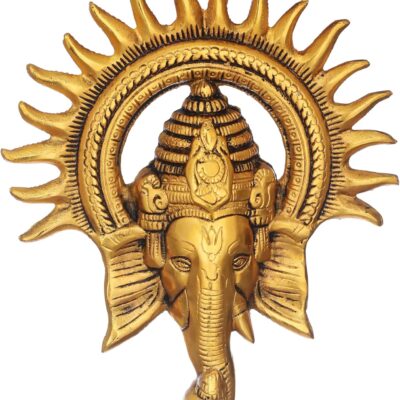 TIED RIBBONS Ganesh Wall Hanging for Home 9 Inch | Brass Ganesh Face with Sun Statue | Indian God Idol | Traditional Wall Décor Antique Ganpati Statue for Home, Entrance, Indian Decorations for Home