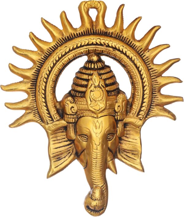 TIED RIBBONS Ganesh Wall Hanging for Home 9 Inch | Brass Ganesh Face with Sun Statue | Indian God Idol | Traditional Wall Décor Antique Ganpati Statue for Home, Entrance, Indian Decorations for Home