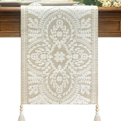 KEVA Boho Table Runner 72inches Long with Hand-Made Wooden Beads Tassel, Farmhouse Rustic Vintage Embroidered White Table Runners 13x72 Inch for Dining Table Decorations