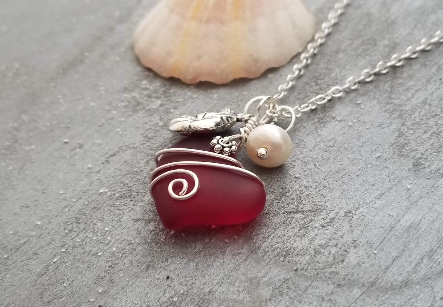 Handmade in Hawaii, Ruby Red Heart Sea Glass wire wrap Necklace, Hibiscus and Natural pearl,"July Birthstone", (Hawaii Gift Wrapped, Customizable Gift Message) (Non-Personalized) - Image 5