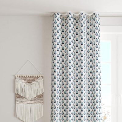 Trade Star Beautiful Single Panel Curtain Canvas Fabric Grommet Eyelet Curtain for Bedroom Modern Hand Block Print Premium Quality Cotton Curtain with Cushion Cover (Blue Melody, 84" L X 38" W)