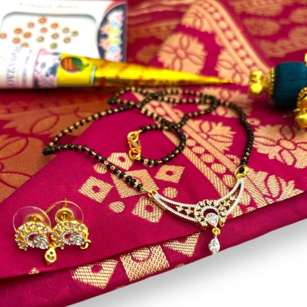 LOVENSPIRE Karva Chauth Puja Gift Hamper Navaratri Vratha Varalakshmi Vratham Hindu Teej Pooja Housewarming Return Gifts - Potli Bag Dupatta Mangalsutra with Earrings Bangle Bindi Mehndi Cone - Image 2