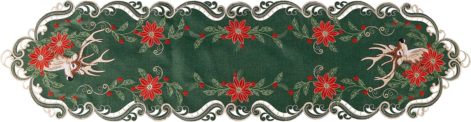 GRANDDECO Christmas Deer Table Runner for Farmhouse Holiday Parties, Embroidered Christmas Flower Table Runner Dresser Scarves Xmas Home Kitchen Dinner Table Decoration 13X54 inches - Image 8
