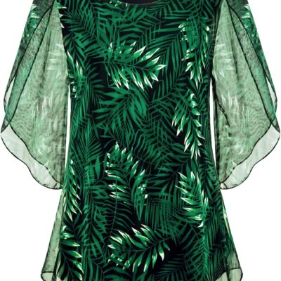 SeSe Code Womens Ruffle 3/4 Sleeve Mesh Blouses Loose Flowy Tops Stretchy Shirts