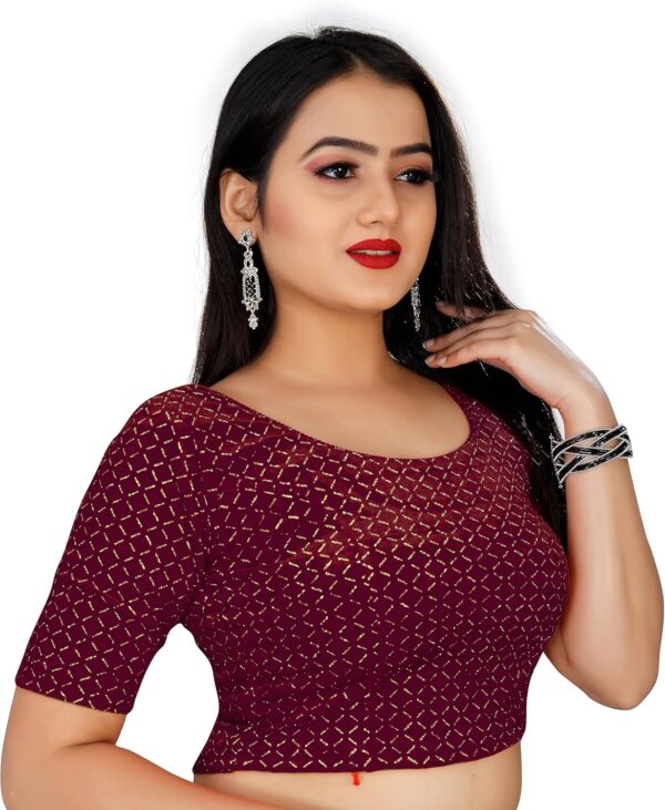 KNETLI Women's Velvet Readymade Blouse Strechable,Round Neck,Half Sleeve - Image 5