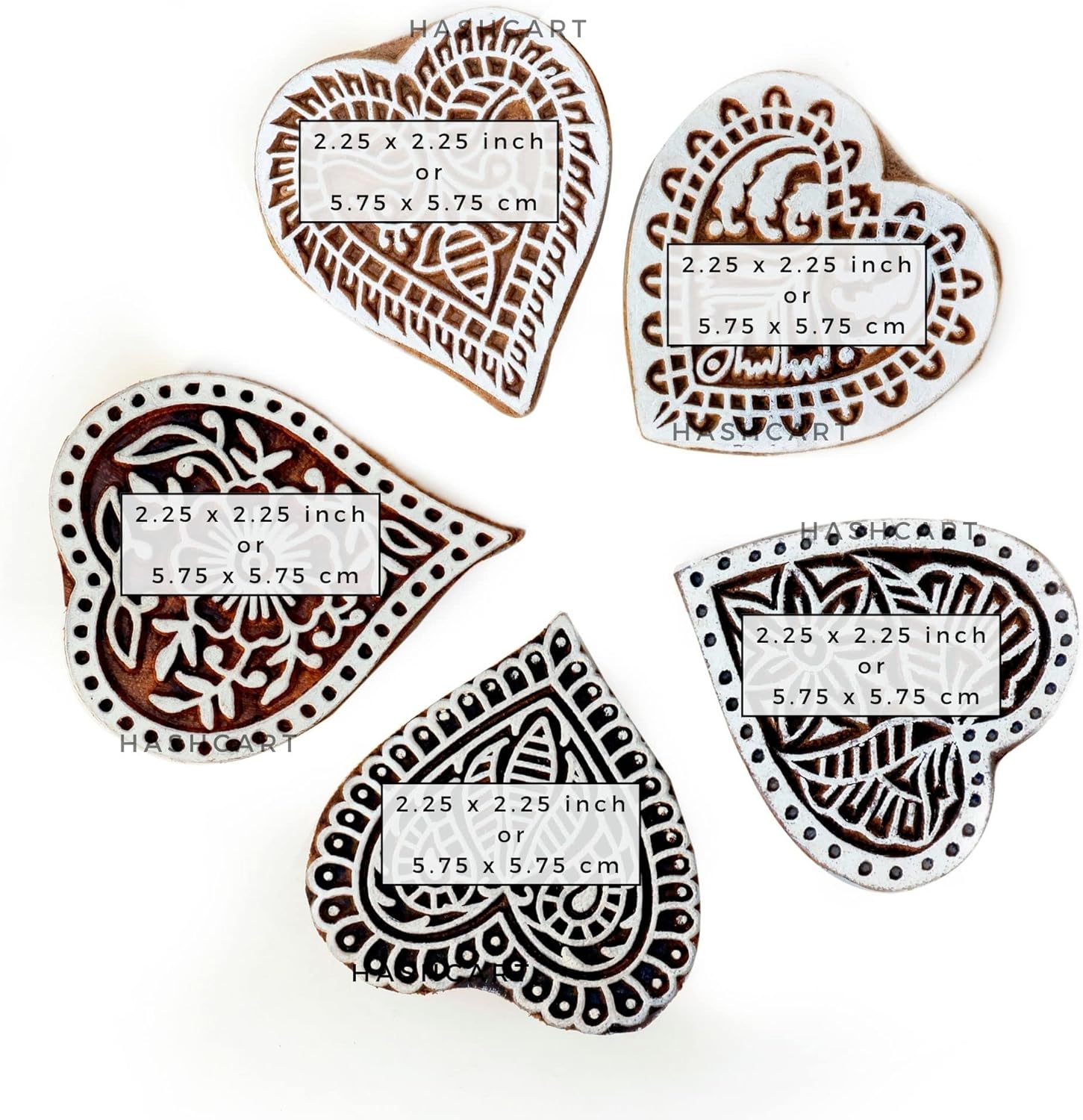 Heart Shape Wooden Stamp Block Printing on Saree Border, Textile, Clay, Pottery, Tattoo - Handcarved Indian Textile Printing Blocks for Crafting on Fabric Hashcart® (Set of 5) - Image 3