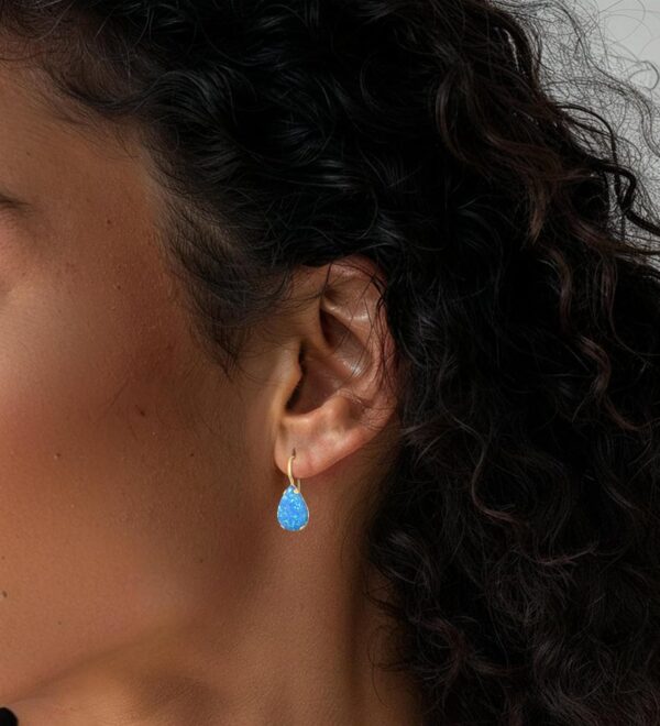 14K Gold Blue Opal Teardrop Earrings - 14K Solid Yellow Gold Pear Shape Drop Earrings with Dangle October Birthstone, Medium Size 7x10mm Blue Opal Gemstone Jewelry - Handmade Gift for Classy Women - Image 3