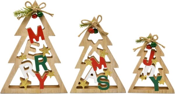 3 Christmas Trees Wooden Table Decorations Centerpiece Block Holiday Cut Out Tree Tiered Tray Wood Tabletop Sign Decor 3 Sizes for Office Dining Room Mantle Home Xmas Wood Party Supplies - Image 5