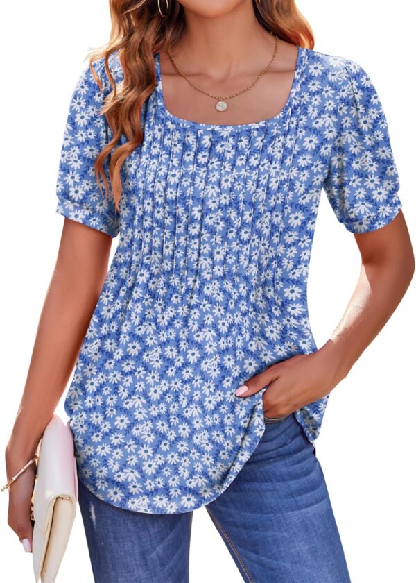 Zeagoo Womens Summer Tops Casual Puff Short Sleeve T Shirts Floral/Solid Pleated Tunics Square Neck Work Blouse