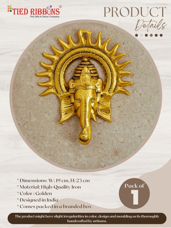 TIED RIBBONS Ganesh Wall Hanging for Home 9 Inch | Brass Ganesh Face with Sun Statue | Indian God Idol | Traditional Wall Décor Antique Ganpati Statue for Home, Entrance, Indian Decorations for Home - Image 8