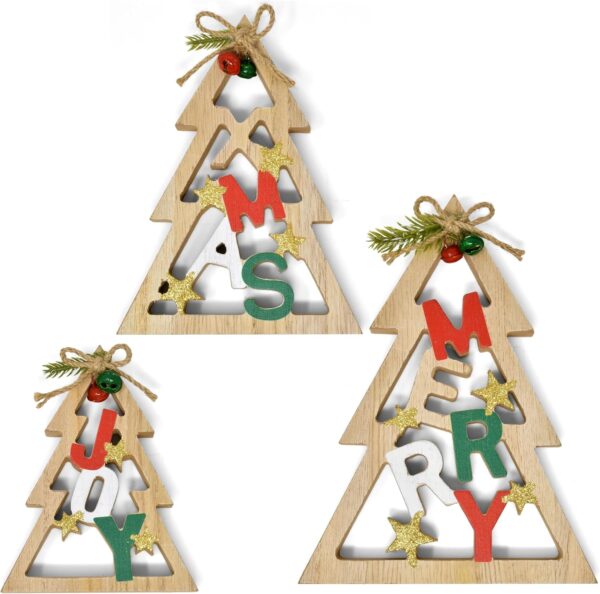 3 Christmas Trees Wooden Table Decorations Centerpiece Block Holiday Cut Out Tree Tiered Tray Wood Tabletop Sign Decor 3 Sizes for Office Dining Room Mantle Home Xmas Wood Party Supplies - Image 3