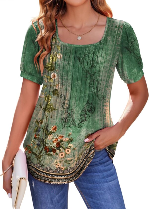 Zeagoo Womens Summer Tops Casual Puff Short Sleeve T Shirts Floral/Solid Pleated Tunics Square Neck Work Blouse