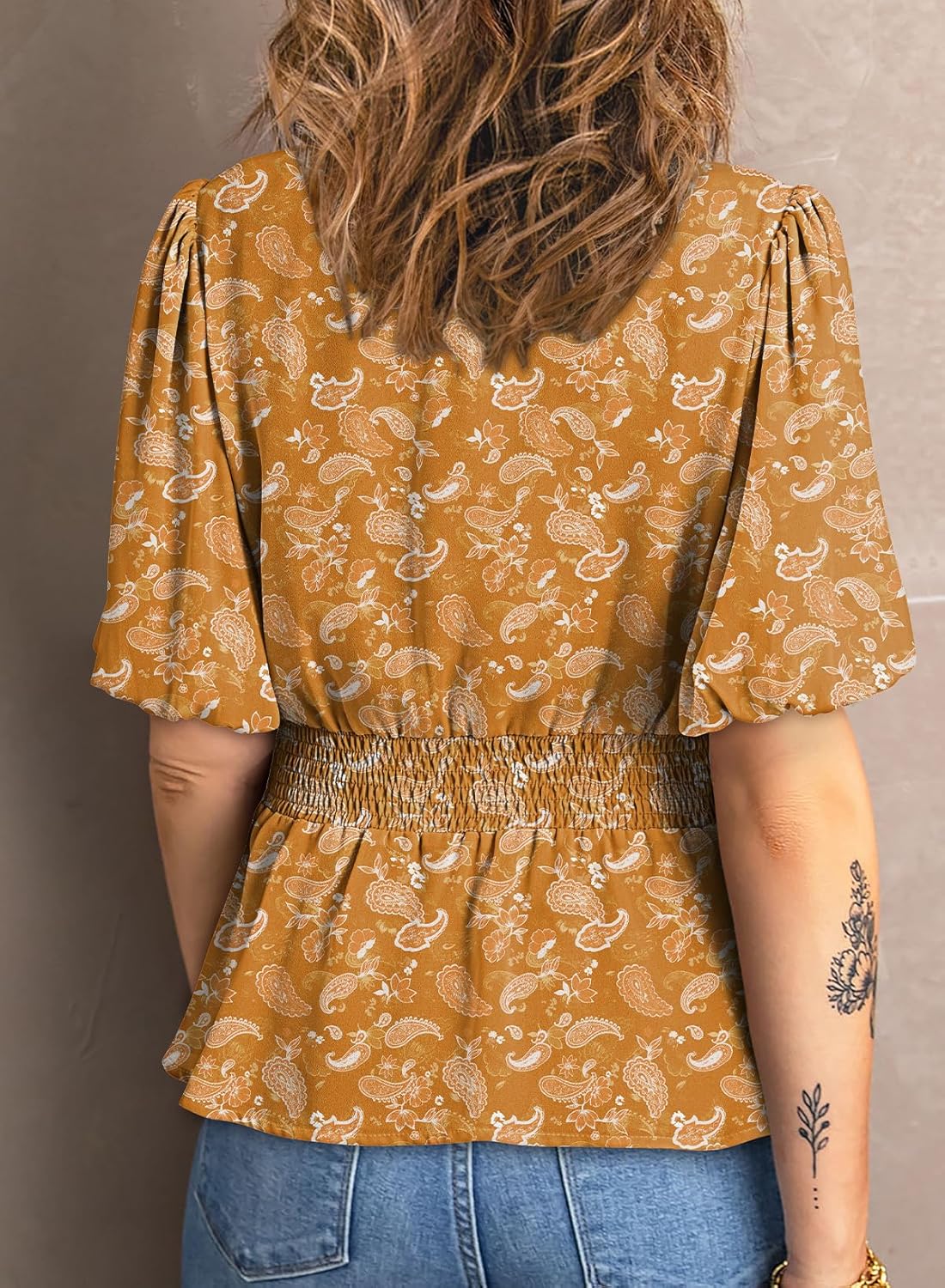 Dokotoo Womens Floral Print Ruffle Half Sleeve Blouses V Neck Decorative Buttons Elastic Waist Casual Summer Tops - Image 2