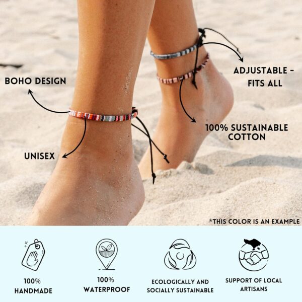 Boho Surfer Anklet Unisex - Ethnic Ankle Bracelet Women & Men - Handmade Beach Jewelry & Festival Accessories - 100% Waterproof & Adjustable - Thin String Rope Hippie Anklet (White) - Image 4