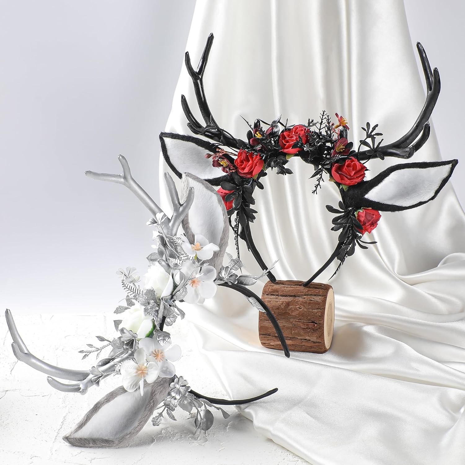 MOSTORY Black Flower Antlers Headband - Dark Floral Deer Horns Headband with Deer Ears Gothic Reindeer Headpiece for Renaissance Renfaire Outfit Halloween Deer Coslpay - Image 6