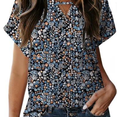 Dokotoo Women's Casual Crewneck Boho Short Sleeve Shirts 2024 Summer Floral Print Chiffon Blouses Bohemian Top Shirts