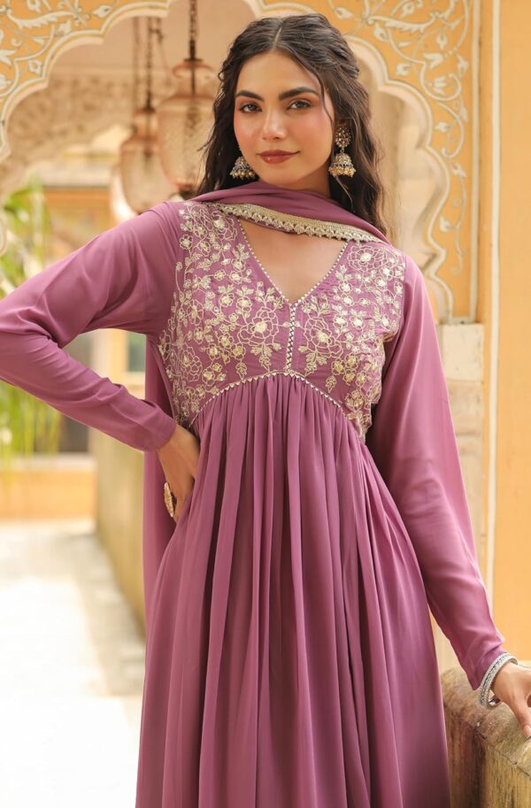 Janasya Indian Women's Georgette Yoke Embroidered A-Line Kurta Set - Image 3
