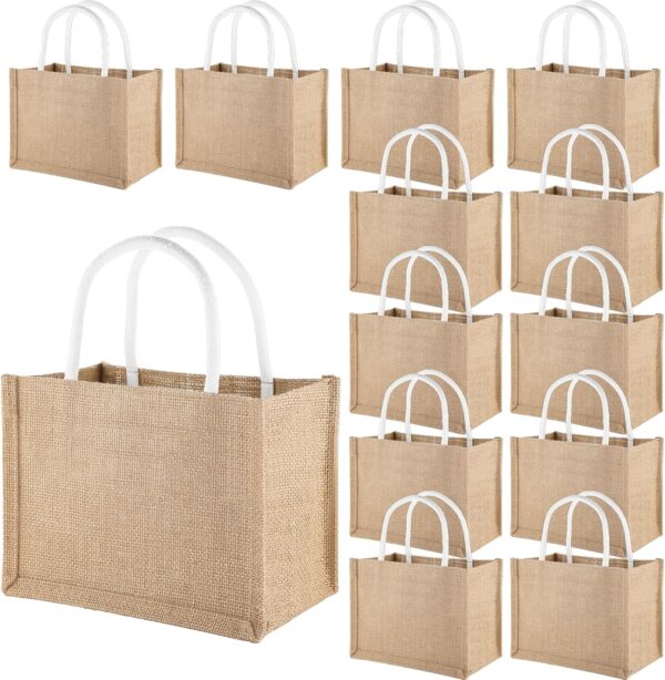 Ysglory 12 Pcs Burlap Tote Bags Mini Jute Beach Bags with Handles Reusable Burlap Gift Bag Bulk Jute Tote Favors Bags for Bridesmaid Wedding, Halloween, Christmas (9.06'' x 5.12'' x 6.3'')