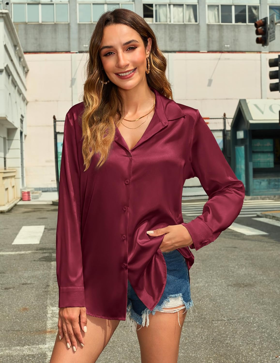 HOTOUCH Women's Satin Silk Shirts Button Down V Neck Dressy Casual Blouse Loose Long Sleeve Office Work Tunic Tops - Image 2