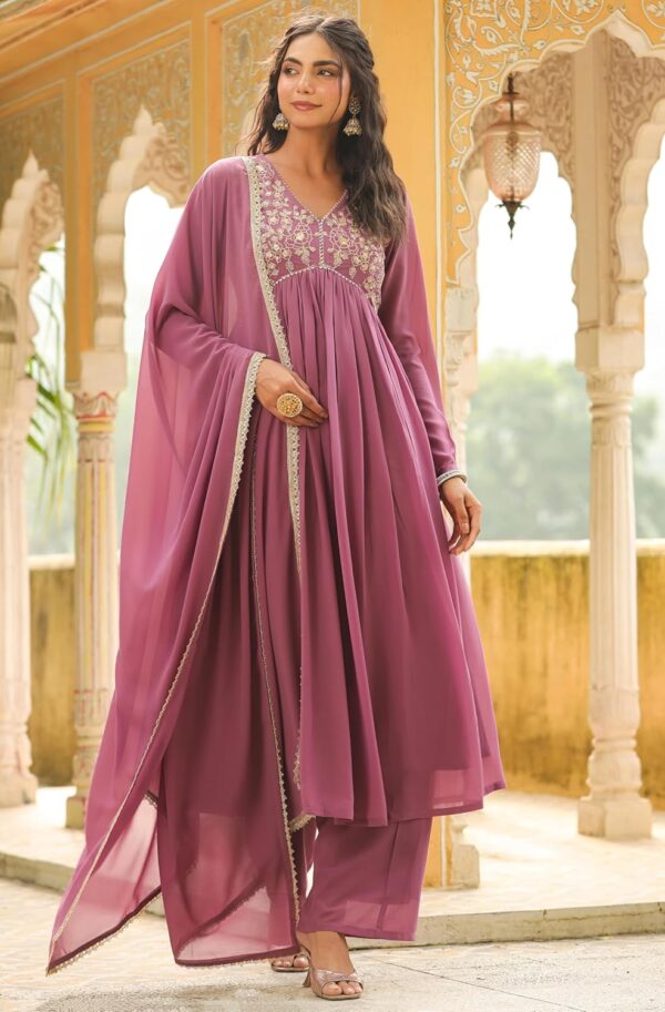 Janasya Indian Women's Georgette Yoke Embroidered A-Line Kurta Set - Image 5