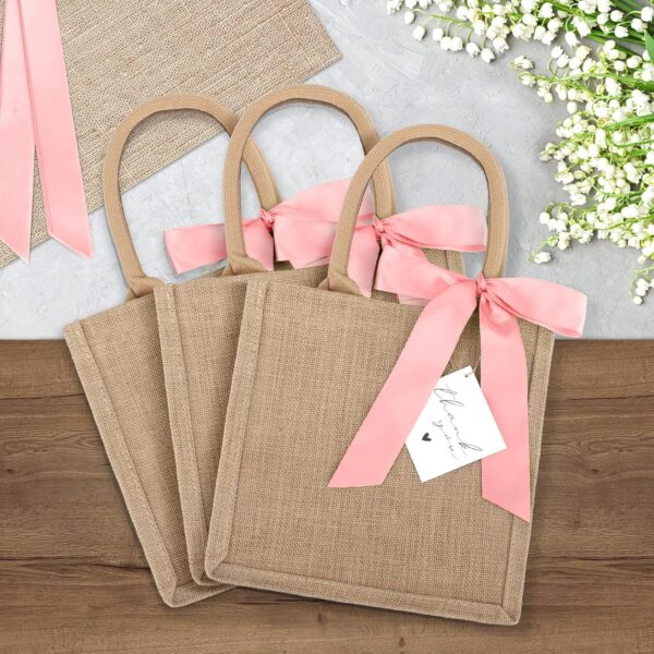 6 Pack Burlap Tote Bags with Handles Reusable Small Jute Gift Bags with Pink Silk Ribbons Waterproof Lining for Wedding Bridesmaid Mother's Day Bachelorette Beach Party - Image 7