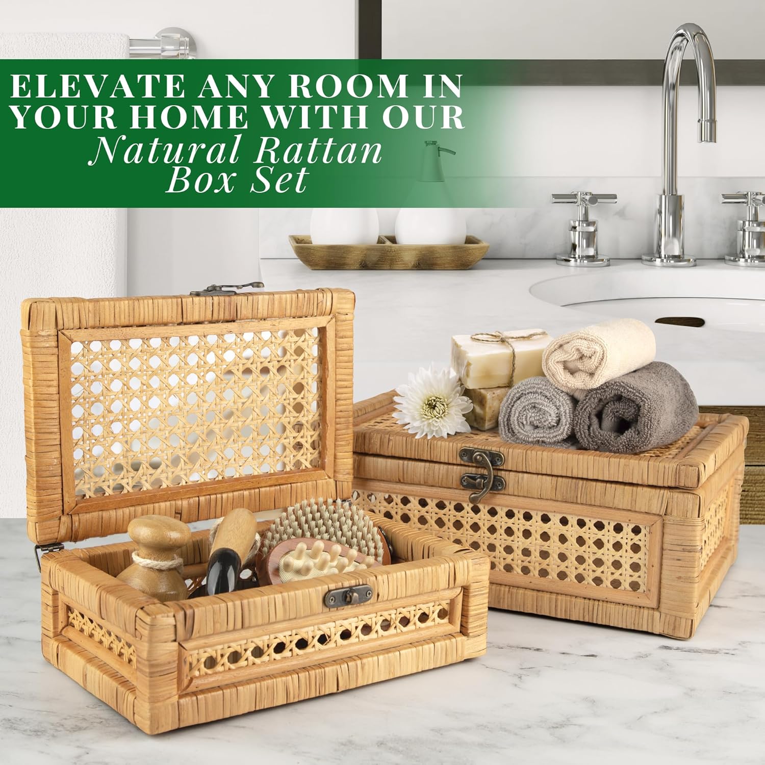 Handcrafted Rattan and Cane Rectangular Display Boxes - Stackable Set of 2 with Woven Lids and Metal Clasps - Creative Home Storage and Decor for Shelves - Image 5