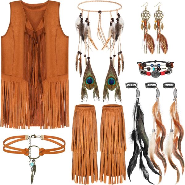 XunYee 9 Pc Women Fringe Vest 60s 70s Hippie Vest Costume Set Accessories Boot Covers Hairband Earrings Necklace Bracelet