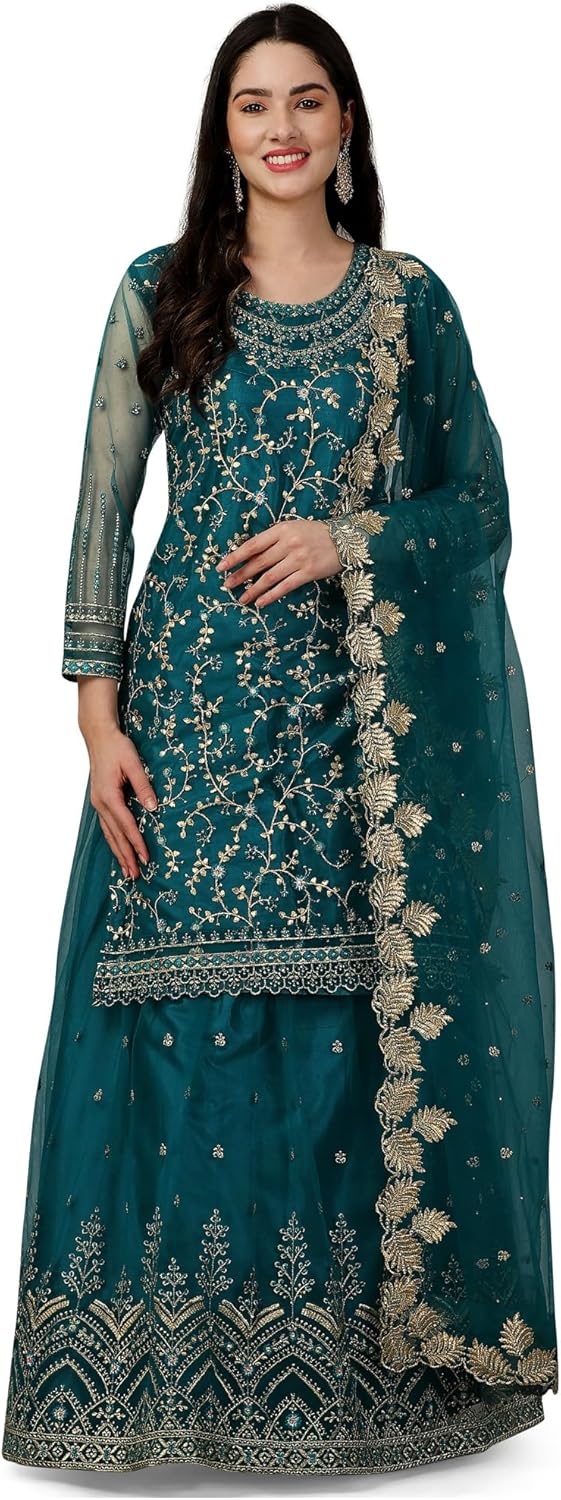 TRENDMALLS Women's Mono Net Kurta Lehenga Suit Set Indian Pakistani Ethnic Wear