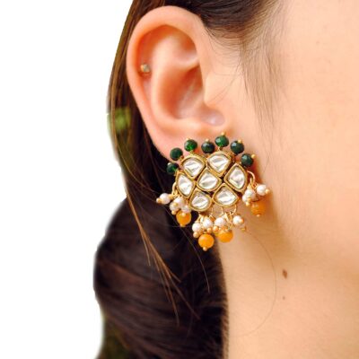 Honeycomb Style Green Earrings Handmade Kundan Earrings Indian Wedding Fashion Jewelry Gift For Women Designer Kundan Studs For Wedding Function Ethnic Wear Indian Wedding Jewelry